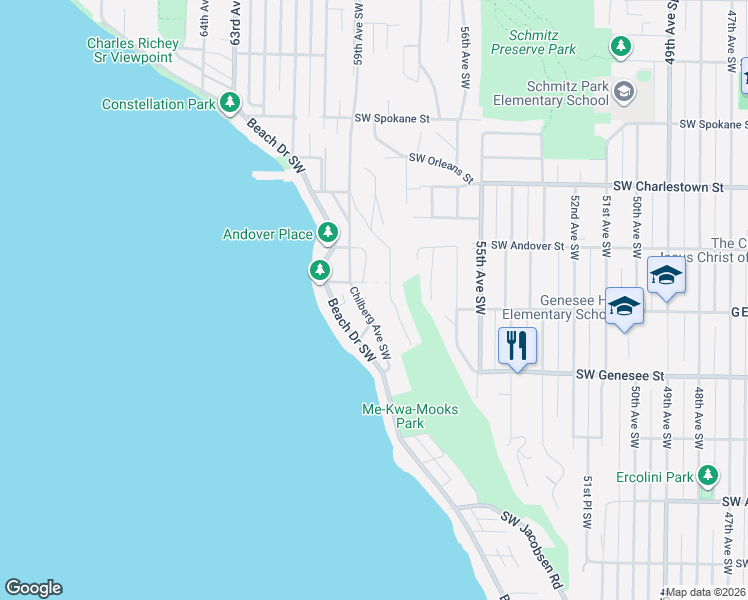 map of restaurants, bars, coffee shops, grocery stores, and more near 4126 58th Place Southwest in Seattle