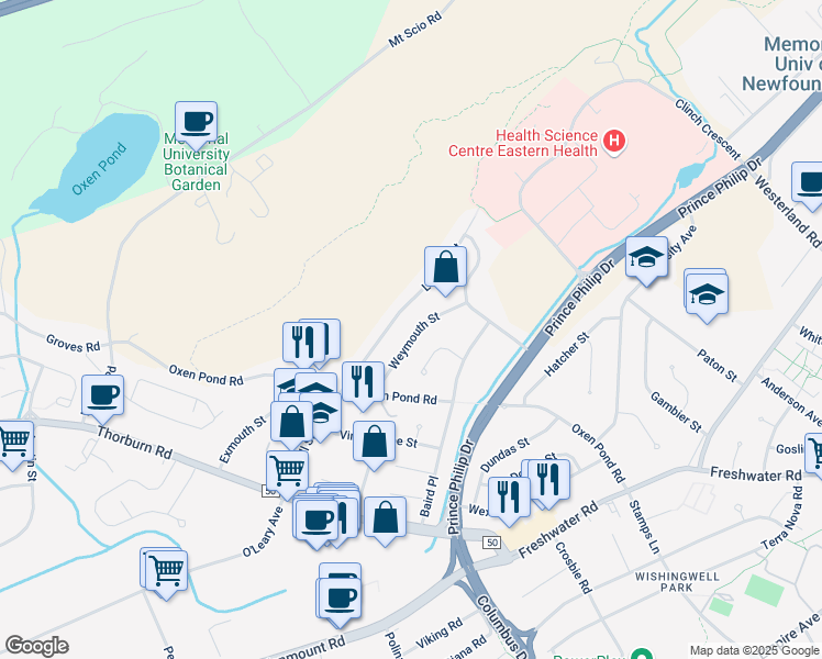 map of restaurants, bars, coffee shops, grocery stores, and more near 22 Weymouth Street in St. John's
