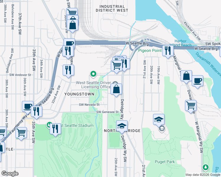 map of restaurants, bars, coffee shops, grocery stores, and more near 4040 26th Avenue Southwest in Seattle