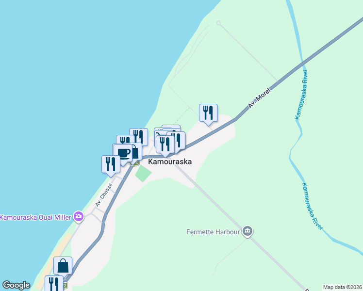 map of restaurants, bars, coffee shops, grocery stores, and more near 46 Avenue Morel in Kamouraska