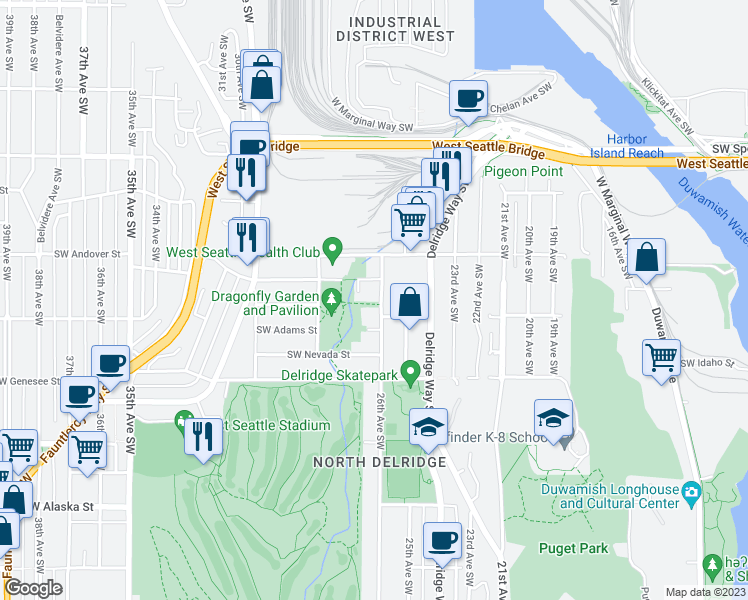 map of restaurants, bars, coffee shops, grocery stores, and more near 4069 26th Avenue Southwest in Seattle