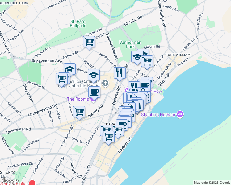 map of restaurants, bars, coffee shops, grocery stores, and more near 129 Bond Street in St. John's