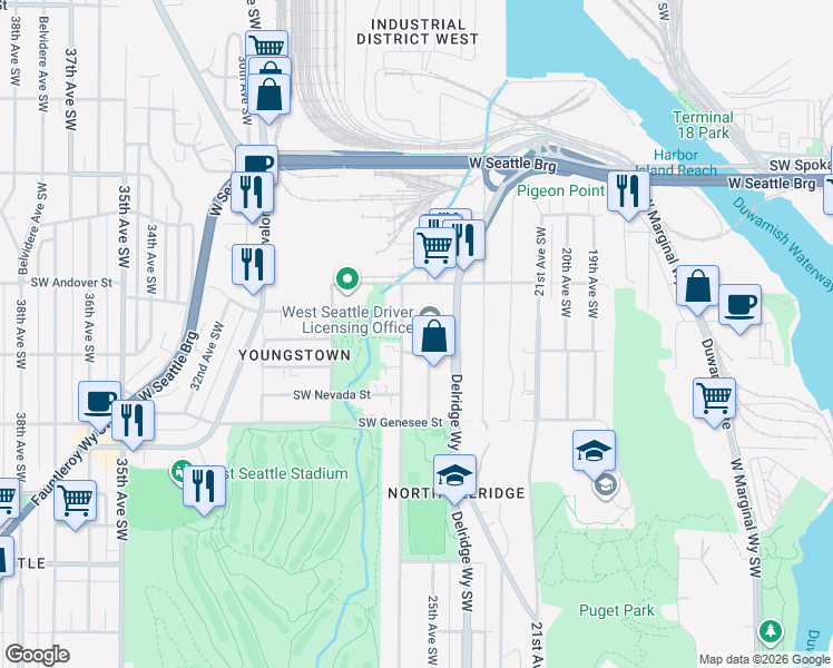 map of restaurants, bars, coffee shops, grocery stores, and more near 4040 26th Avenue Southwest in Seattle