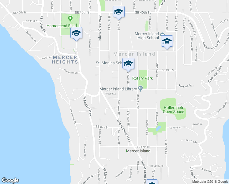 map of restaurants, bars, coffee shops, grocery stores, and more near 8451 Southeast 44th Street in Mercer Island