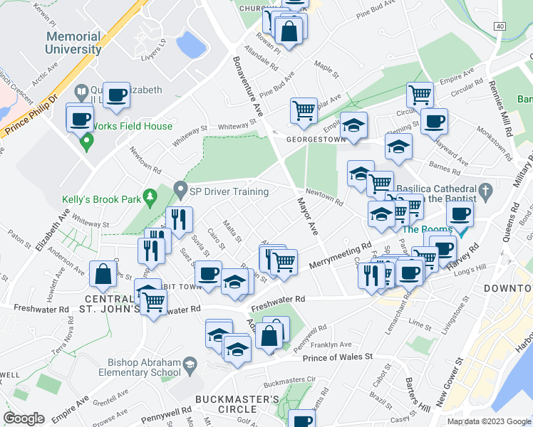 map of restaurants, bars, coffee shops, grocery stores, and more near 38 Goodridge Street in St. John's