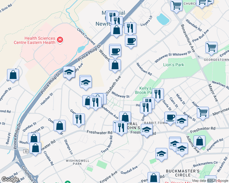 map of restaurants, bars, coffee shops, grocery stores, and more near 114 Whiteway Street in St. John's