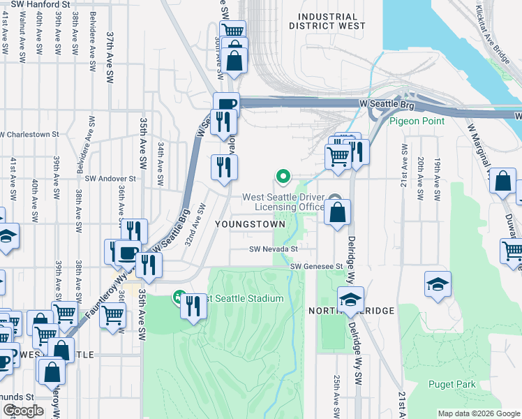 map of restaurants, bars, coffee shops, grocery stores, and more near 4119 28th Avenue Southwest in Seattle