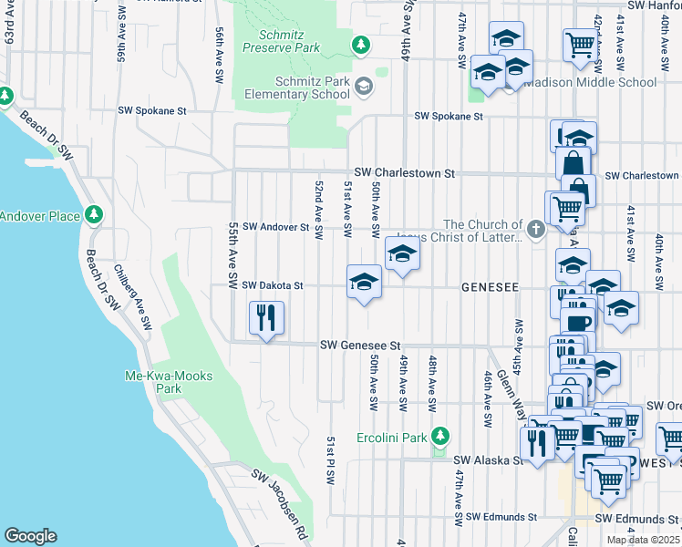 map of restaurants, bars, coffee shops, grocery stores, and more near 4102 52nd Avenue Southwest in Seattle