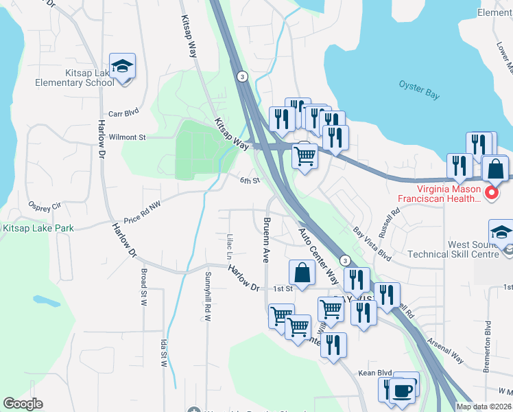 map of restaurants, bars, coffee shops, grocery stores, and more near 317 Casad Avenue in Bremerton