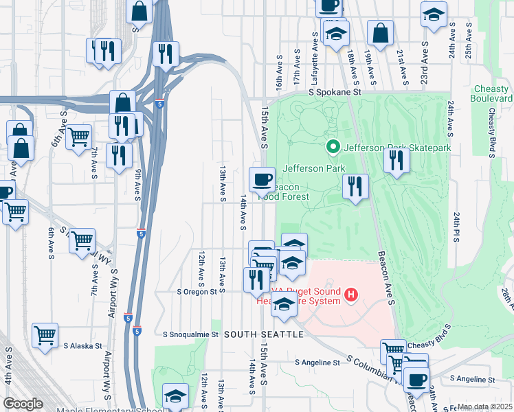 map of restaurants, bars, coffee shops, grocery stores, and more near 4122 14th Avenue South in Seattle