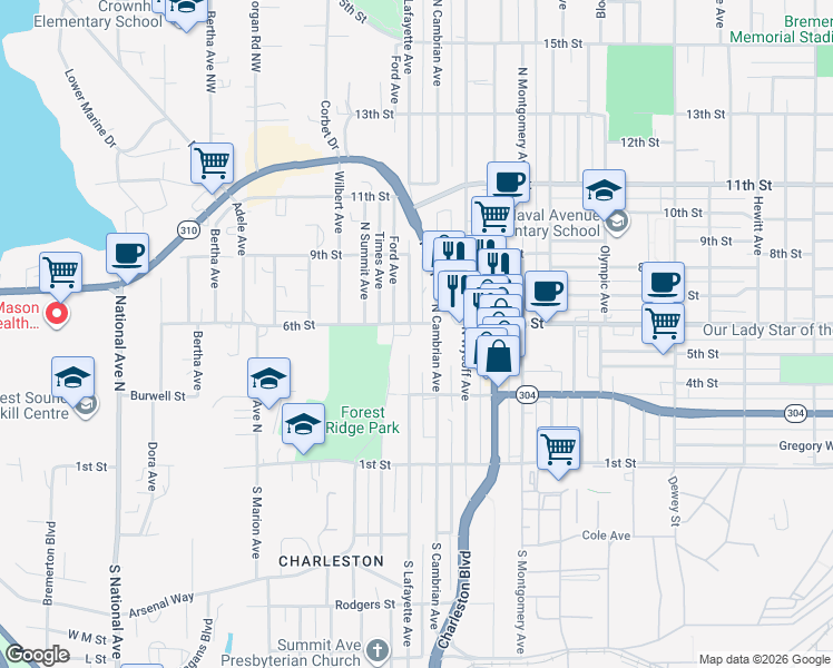 map of restaurants, bars, coffee shops, grocery stores, and more near 344 Ford Avenue in Bremerton