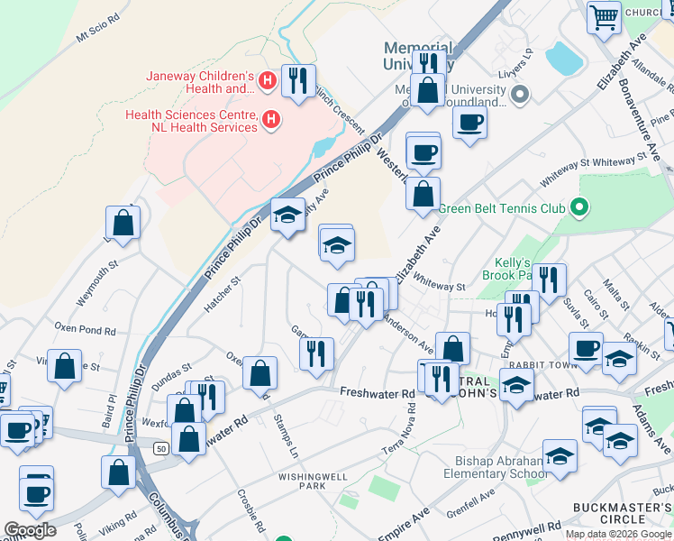map of restaurants, bars, coffee shops, grocery stores, and more near 24 Paton Street in St. John's