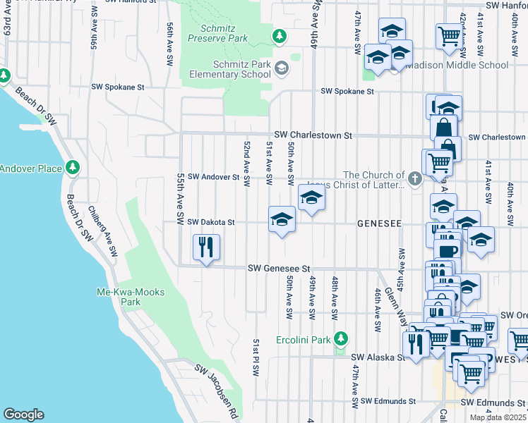 map of restaurants, bars, coffee shops, grocery stores, and more near 4102 52nd Avenue Southwest in Seattle