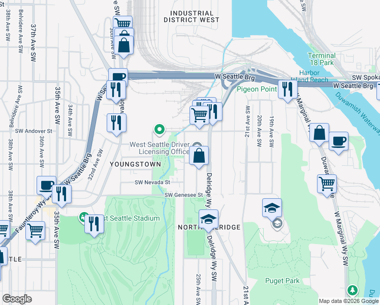 map of restaurants, bars, coffee shops, grocery stores, and more near 4111 26th Avenue Southwest in Seattle
