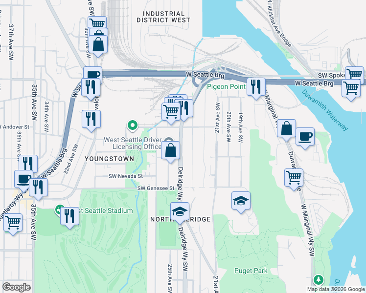 map of restaurants, bars, coffee shops, grocery stores, and more near 4057 23rd Avenue Southwest in Seattle