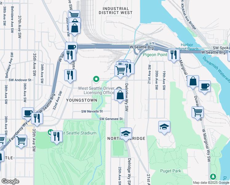 map of restaurants, bars, coffee shops, grocery stores, and more near 4111 26th Avenue Southwest in Seattle