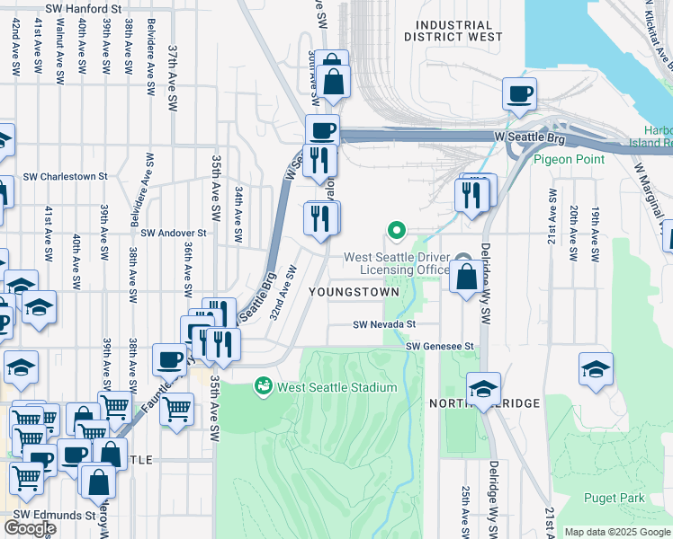 map of restaurants, bars, coffee shops, grocery stores, and more near in Seattle