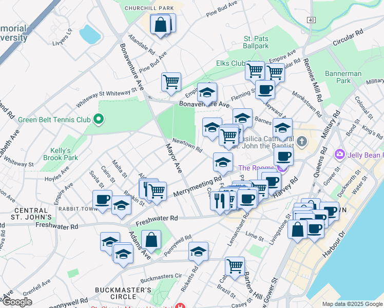 map of restaurants, bars, coffee shops, grocery stores, and more near 1 A Calver Street in St. John's