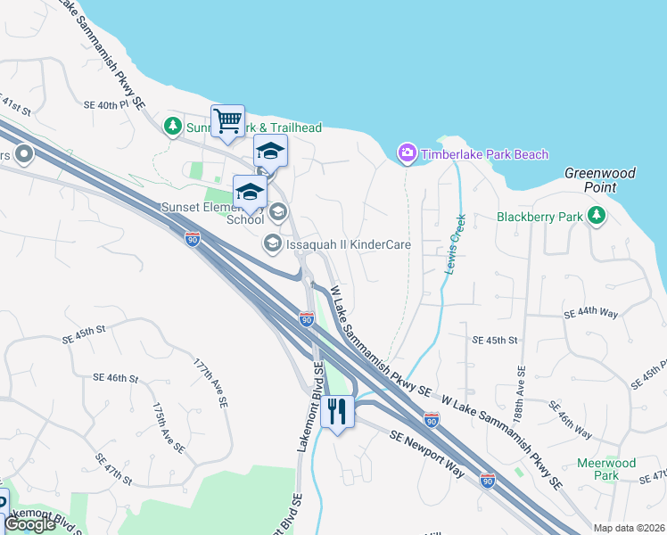 map of restaurants, bars, coffee shops, grocery stores, and more near 4330 West Lake Sammamish Parkway Southeast in Issaquah