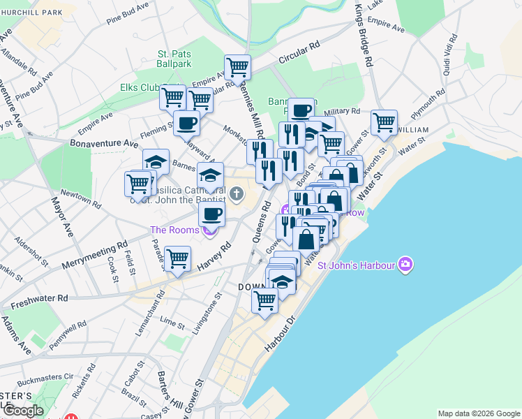 map of restaurants, bars, coffee shops, grocery stores, and more near 50 Queens Road in St. John's