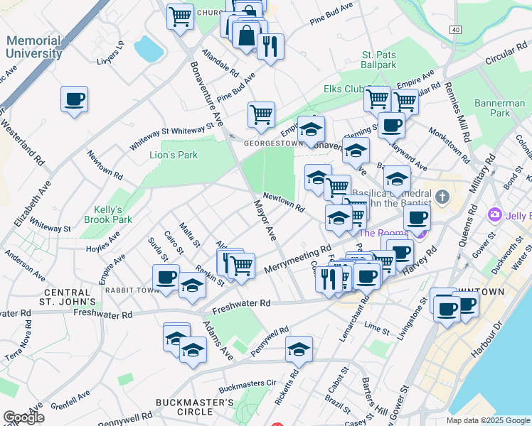 map of restaurants, bars, coffee shops, grocery stores, and more near 90 Mayor Avenue in St. John's