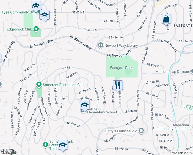 map of restaurants, bars, coffee shops, grocery stores, and more near 4400 144th Avenue Southeast in Bellevue