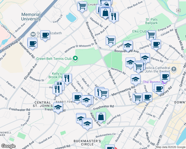 map of restaurants, bars, coffee shops, grocery stores, and more near 29 Edinburgh Street in St. John's