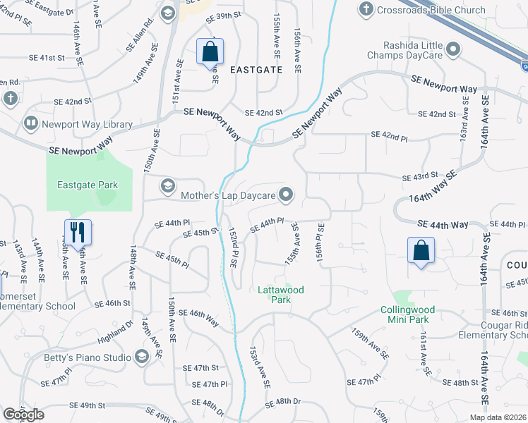 map of restaurants, bars, coffee shops, grocery stores, and more near 15326 Southeast 43 Place in Bellevue