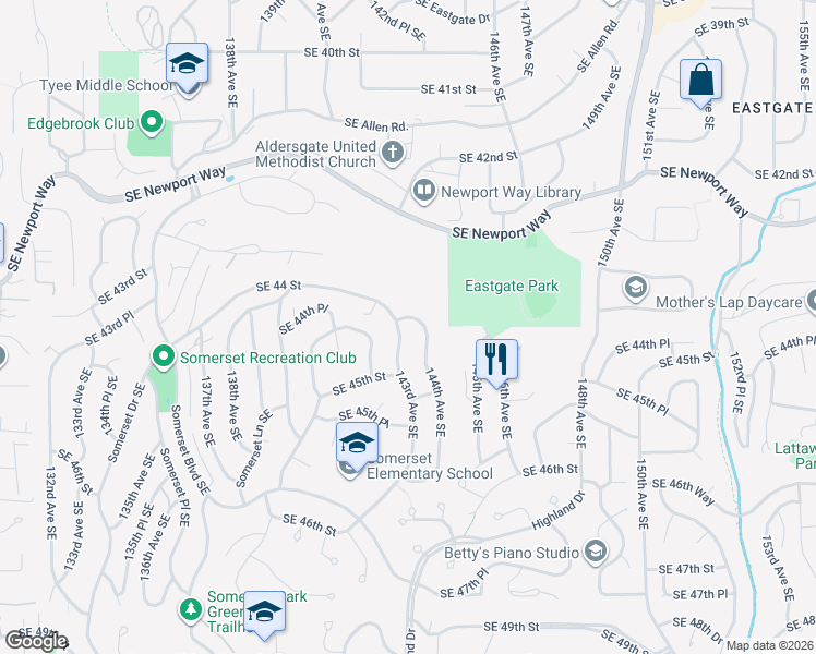 map of restaurants, bars, coffee shops, grocery stores, and more near 4400 144th Avenue Southeast in Bellevue