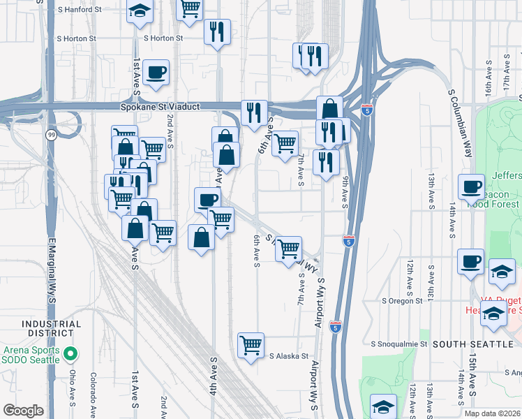 map of restaurants, bars, coffee shops, grocery stores, and more near 601 S Andover St in Seattle