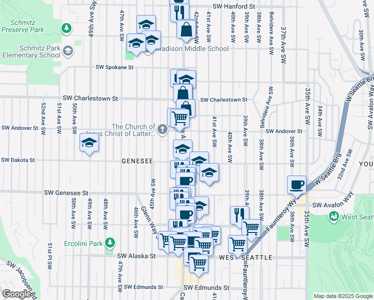 map of restaurants, bars, coffee shops, grocery stores, and more near 4012 California Avenue Southwest in Seattle
