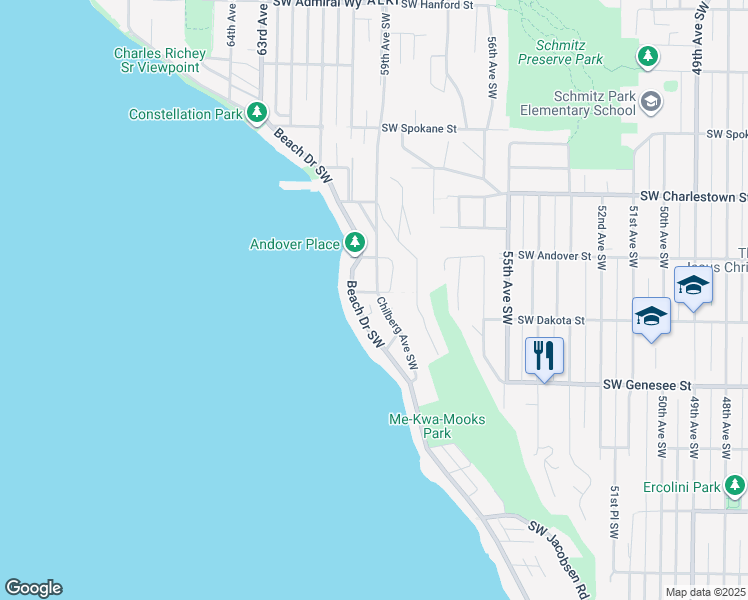 map of restaurants, bars, coffee shops, grocery stores, and more near 4021 59th Avenue Southwest in Seattle