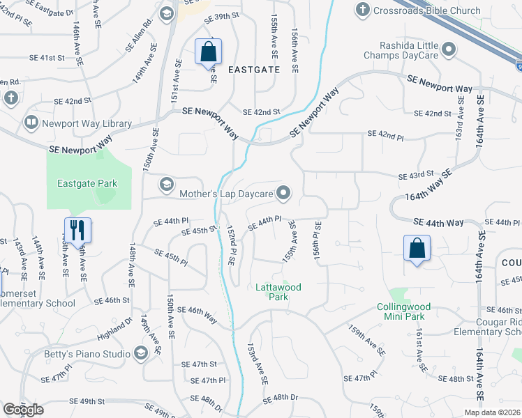 map of restaurants, bars, coffee shops, grocery stores, and more near 15326 Southeast 43 Place in Bellevue