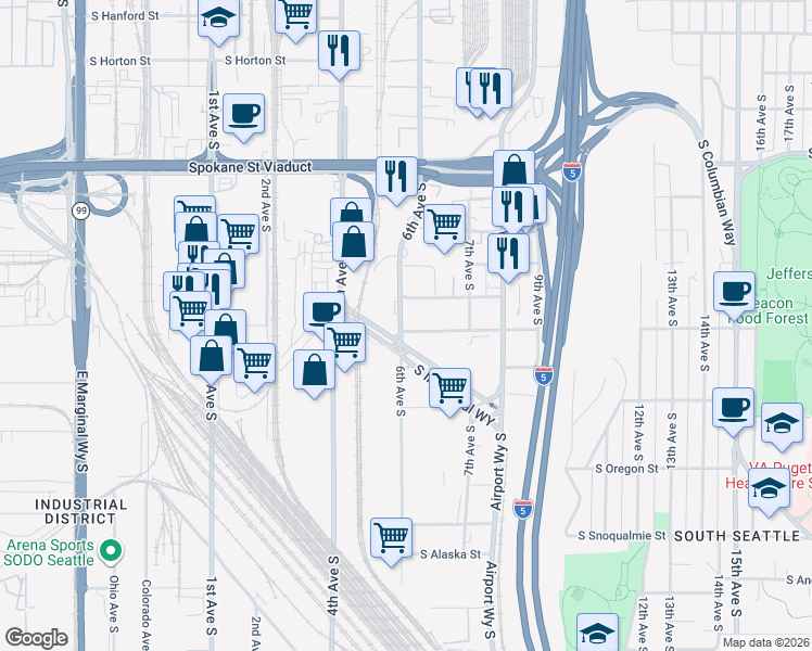 map of restaurants, bars, coffee shops, grocery stores, and more near 601 S Andover St in Seattle