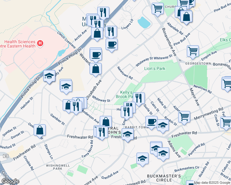 map of restaurants, bars, coffee shops, grocery stores, and more near 84 Whiteway Street in St. John's
