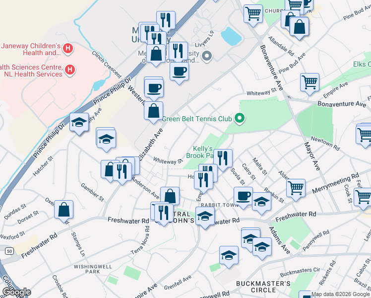map of restaurants, bars, coffee shops, grocery stores, and more near 84 Whiteway Street in St. John's
