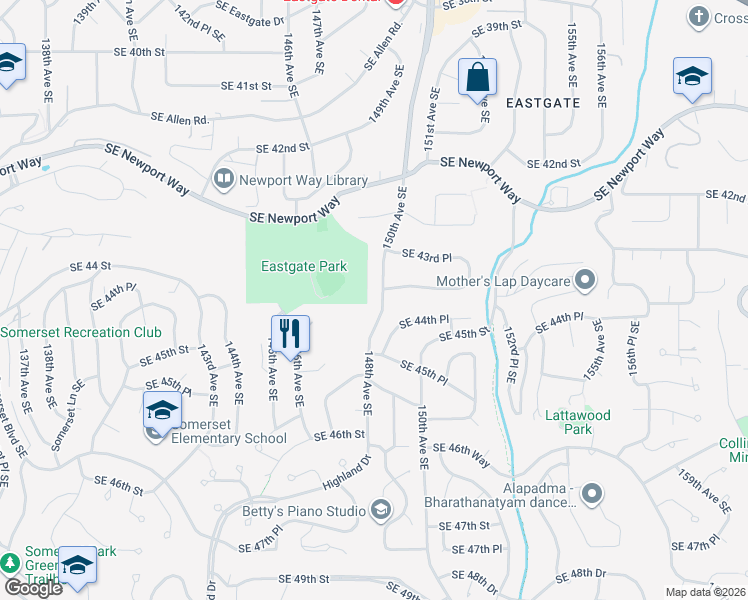 map of restaurants, bars, coffee shops, grocery stores, and more near 4376 150th Avenue Southeast in Bellevue