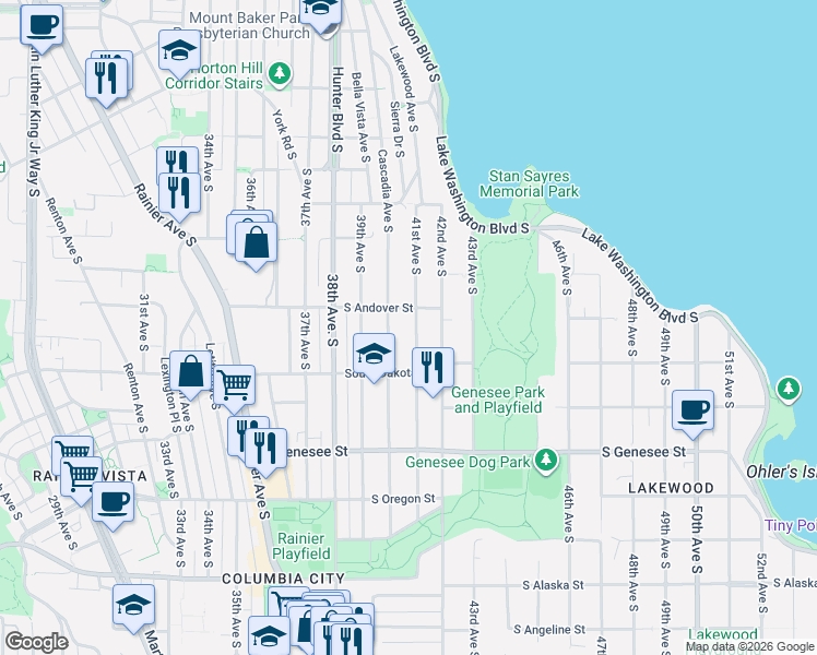 map of restaurants, bars, coffee shops, grocery stores, and more near 3856 41st Avenue South in Seattle