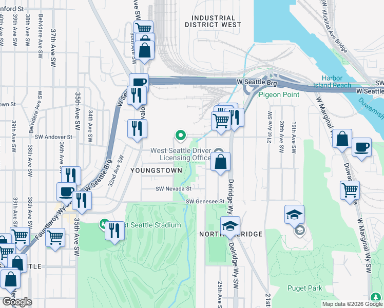 map of restaurants, bars, coffee shops, grocery stores, and more near 2629 Southwest Andover Street in Seattle
