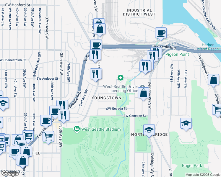 map of restaurants, bars, coffee shops, grocery stores, and more near 2806 Southwest Yancy Street in Seattle