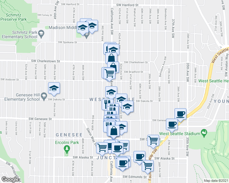 map of restaurants, bars, coffee shops, grocery stores, and more near 4012 California Avenue Southwest in Seattle