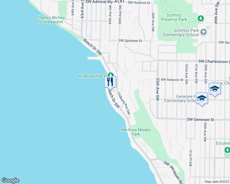 map of restaurants, bars, coffee shops, grocery stores, and more near 4021 59th Avenue Southwest in Seattle