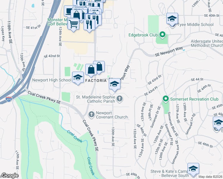 map of restaurants, bars, coffee shops, grocery stores, and more near 4332 129th Place Southeast in Bellevue