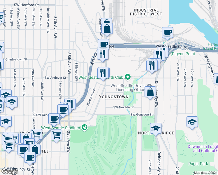 map of restaurants, bars, coffee shops, grocery stores, and more near 2851 Southwest Yancy Street in Seattle
