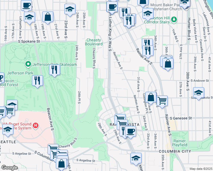 map of restaurants, bars, coffee shops, grocery stores, and more near South Lilac Street in Seattle
