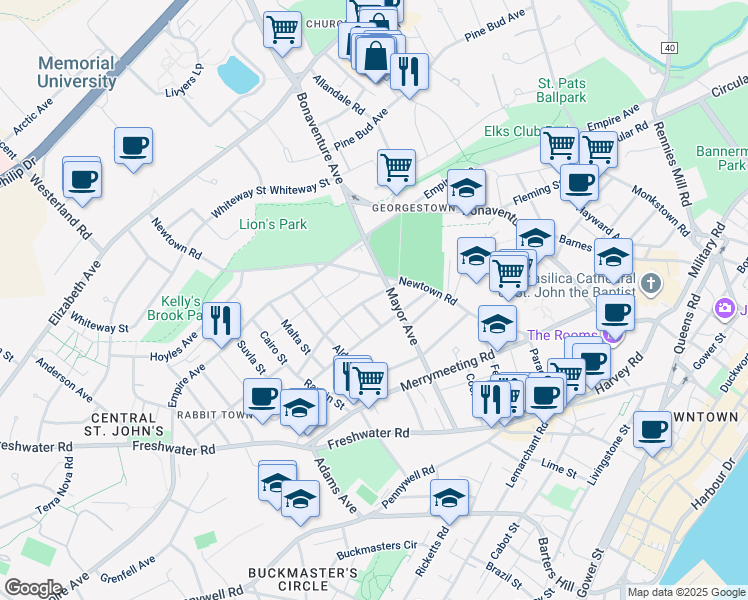 map of restaurants, bars, coffee shops, grocery stores, and more near 21 Goodridge Street in St. John's