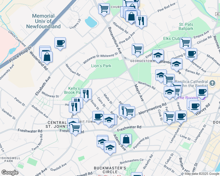 map of restaurants, bars, coffee shops, grocery stores, and more near 82 Aldershot Street in St. John's