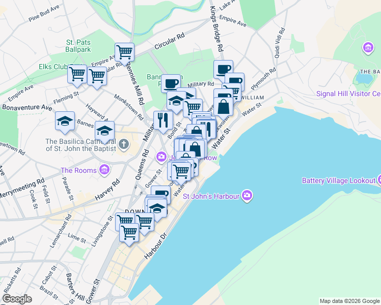 map of restaurants, bars, coffee shops, grocery stores, and more near 21 Holloway Street in St. John's