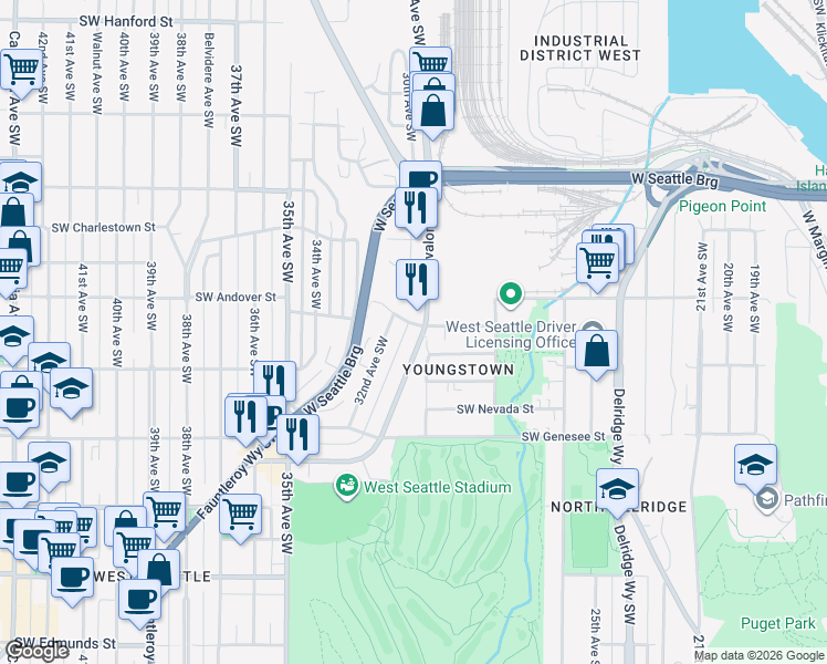 map of restaurants, bars, coffee shops, grocery stores, and more near 3014 Southwest Andover Street in Seattle