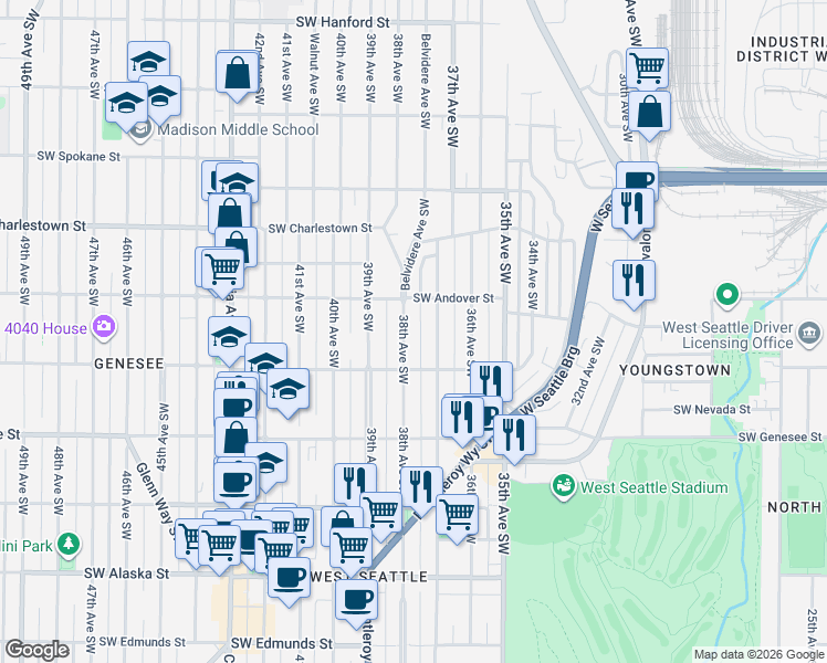 map of restaurants, bars, coffee shops, grocery stores, and more near 4011 37th Avenue Southwest in Seattle